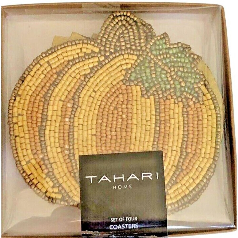 Tahari Pumpkin 5" Beverage Coasters Set of 4 Beaded Fall Thanksgiving Autumn - Picture 2 of 6